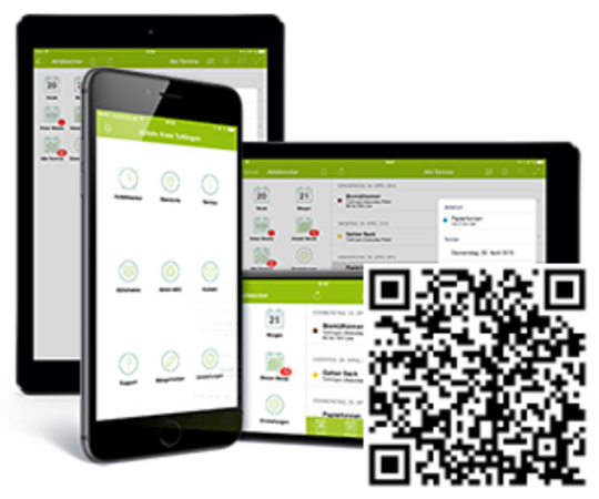 Abfallkalender App Abbildung zeigt Abfallkalender App mit Screens von einem Tablet und Smartphone und einem QR-Code für den Download der App.
