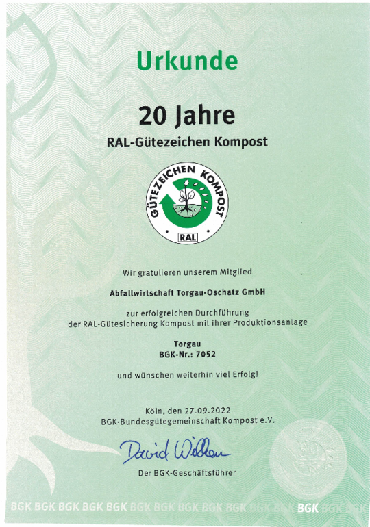 Urkunde 20 Jahre RAL Gütezeichen Kompost