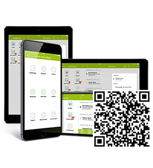 Abfallkalender App Abbildung zeigt Abfallkalender App mit Screens von einem Tablet und Smartphone und einem QR-Code für den Download der App.