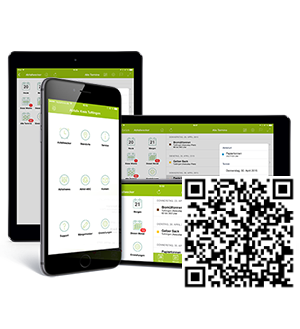 Abfallkalender App Abbildung zeigt Abfallkalender App mit Screens von einem Tablet und Smartphone und einem QR-Code für den Download der App.
